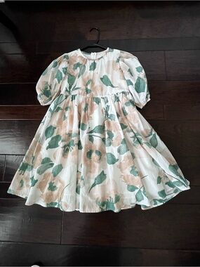 LILOU Girls Off-White Floral Puff-Sleeve Dress - Green & Beige Print; Size 9